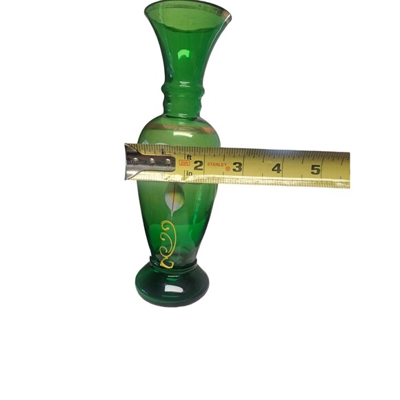 Vintage Bohemian Green Glass Bud Vase Handpainted Floral Design Japan - Picture 8 of 12